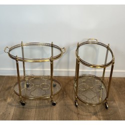 Pair of Graduated Oval Bar Carts in Brass with an Openwork, Neoclassical, French Work, in the Style of Maison Baguès, circa 1950