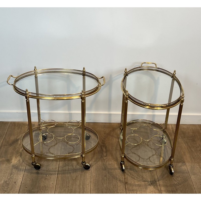 Pair of Graduated Oval Bar Carts in Brass with an Openwork, Neoclassical, French Work, in the Style of Maison Baguès, circa 1950