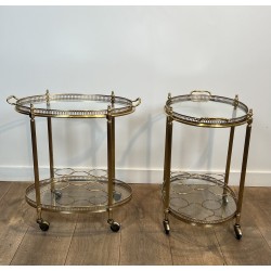 Pair of Graduated Oval Bar Carts in Brass with an Openwork, Neoclassical, French Work, in the Style of Maison Baguès, circa 1950