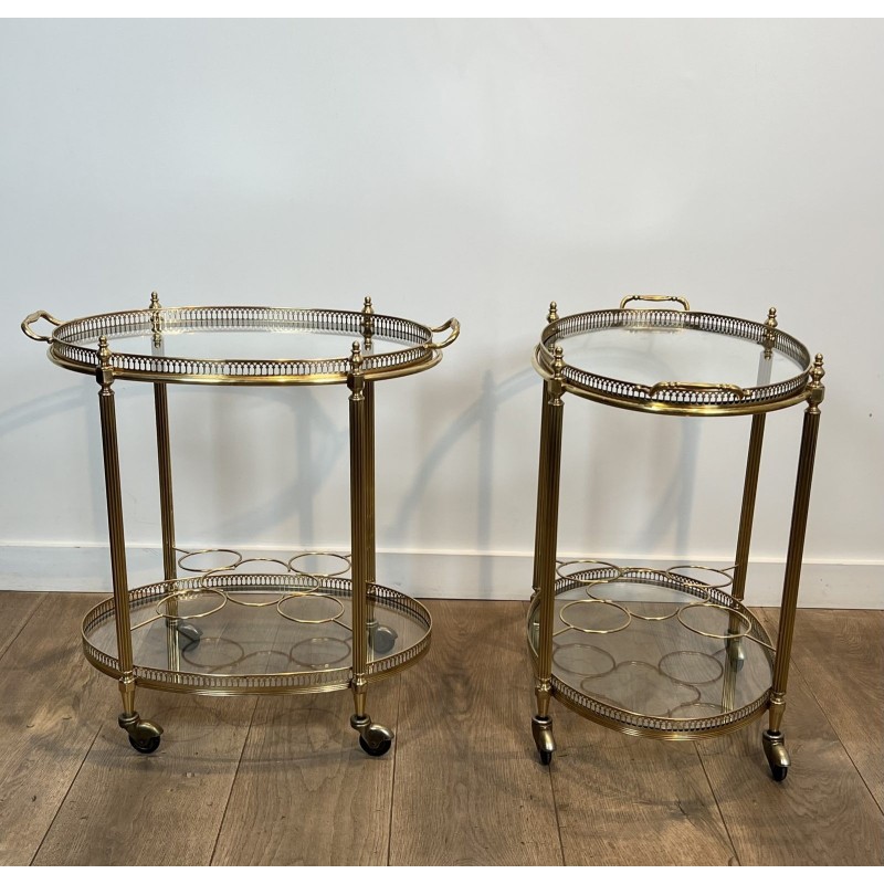 Pair of Graduated Oval Bar Carts in Brass with an Openwork, Neoclassical, French Work, in the Style of Maison Baguès, circa 1950