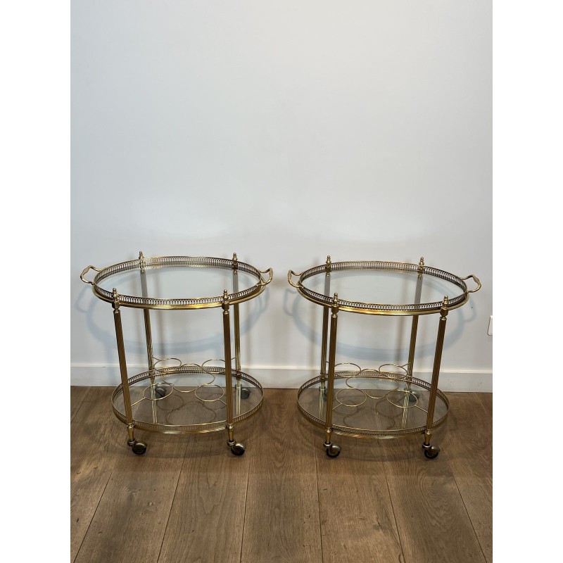 Pair of Graduated Oval Bar Carts in Brass with an Openwork, Neoclassical, French Work, in the Style of Maison Baguès, circa 1950