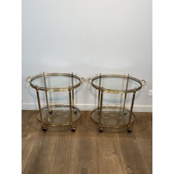 Pair of Graduated Oval Bar Carts in Brass with an Openwork, Neoclassical, French Work, in the Style of Maison Baguès, circa 1950