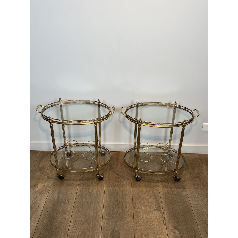 Pair of Graduated Oval Bar Carts in Brass with an Openwork, Neoclassical, French Work, in the Style of Maison Baguès, circa 1950