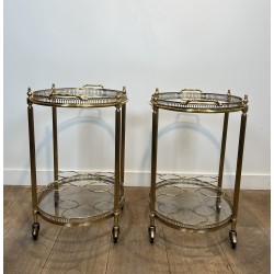 Pair of Graduated Oval Bar Carts in Brass with an Openwork, Neoclassical, French Work, in the Style of Maison Baguès, circa 1950