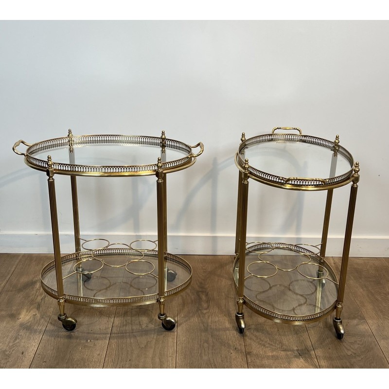Pair of Graduated Oval Bar Carts in Brass with an Openwork, Neoclassical, French Work, in the Style of Maison Baguès, circa 1950