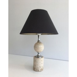 Travertine and Chrome Table Lamp, Philippe Barbie, French Work, circa 1970