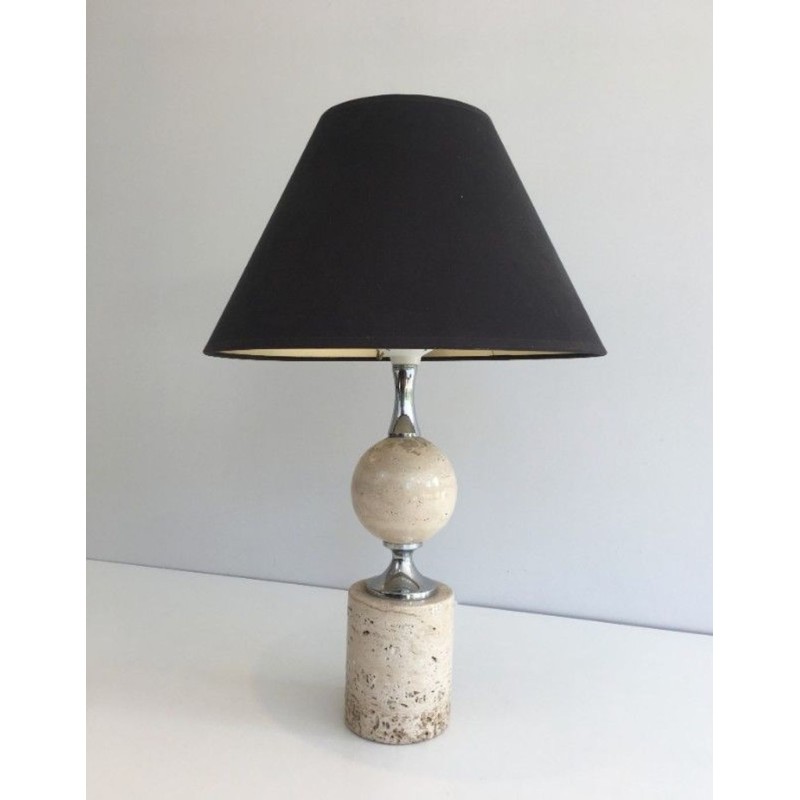 Travertine and Chrome Table Lamp, Philippe Barbie, French Work, circa 1970