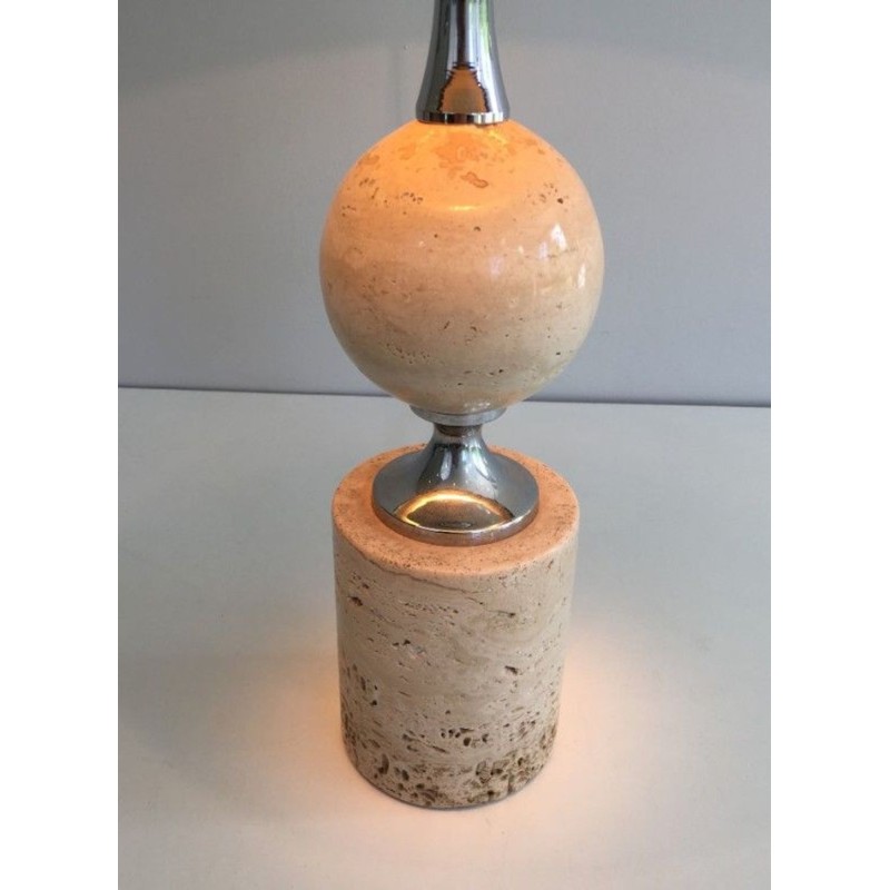 Travertine and Chrome Table Lamp, Philippe Barbie, French Work, circa 1970