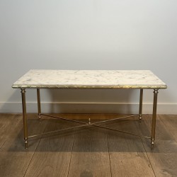 Rectangular Brass Coffee Table with White Marble Top, Neoclassical, French Work, by Maison Jansen, circa 1950