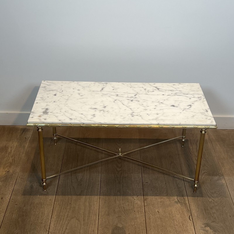 Rectangular Brass Coffee Table with White Marble Top, Neoclassical, French Work, by Maison Jansen, circa 1950