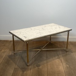 Rectangular Brass Coffee Table with White Marble Top, Neoclassical, French Work, by Maison Jansen, circa 1950