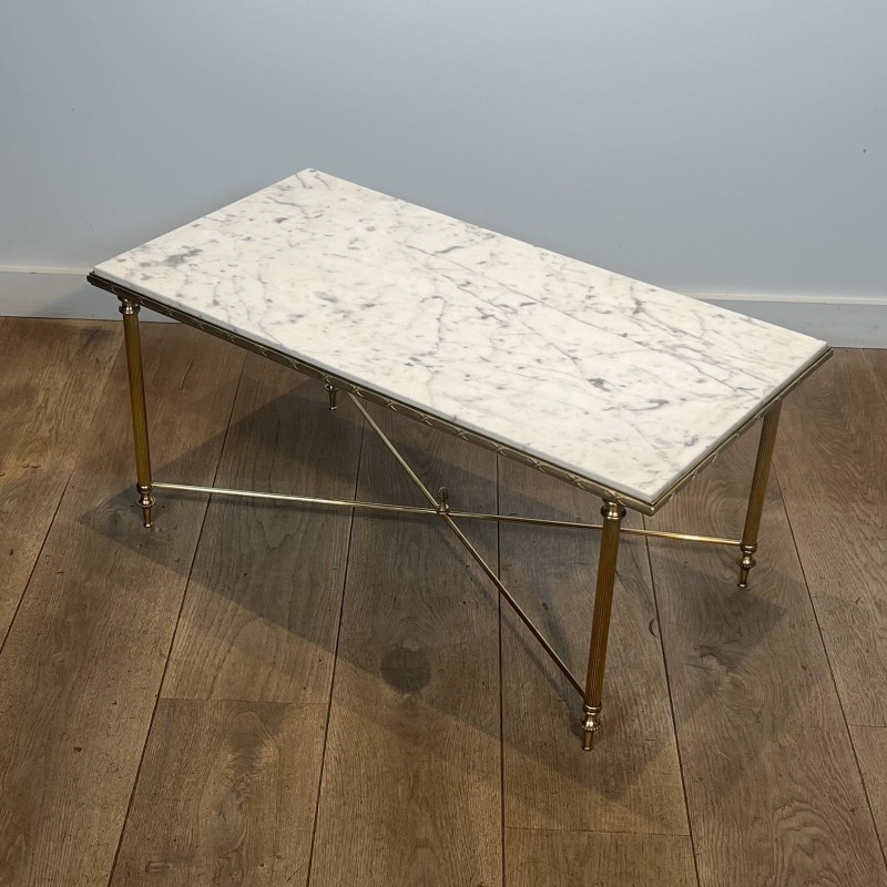 Rectangular Brass Coffee Table with White Marble Top, Neoclassical, French Work, by Maison Jansen, circa 1950