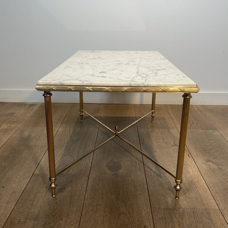 Rectangular Brass Coffee Table with White Marble Top, Neoclassical, French Work, by Maison Jansen, circa 1950