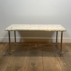 Rectangular Brass Coffee Table with White Marble Top, Neoclassical, French Work, by Maison Jansen, circa 1950