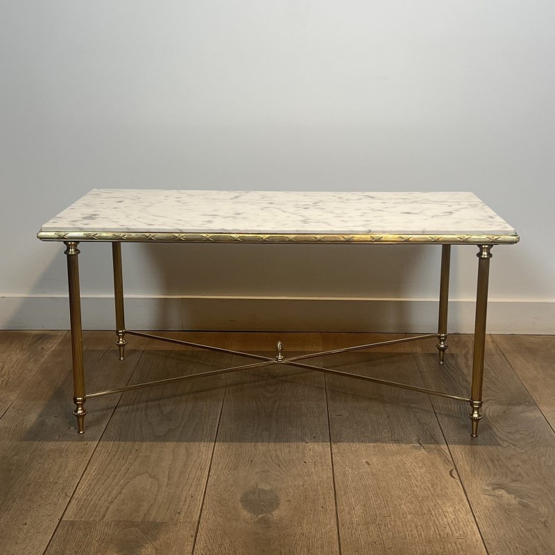 Rectangular Brass Coffee Table with White Marble Top, Neoclassical, French Work, by Maison Jansen, circa 1950