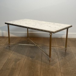 Rectangular Brass Coffee Table with White Marble Top, Neoclassical, French Work, by Maison Jansen, circa 1950