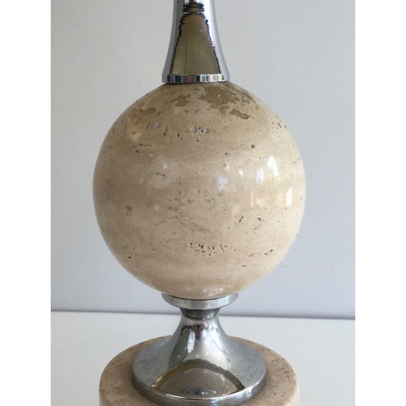 Travertine and Chrome Table Lamp, Philippe Barbie, French Work, circa 1970