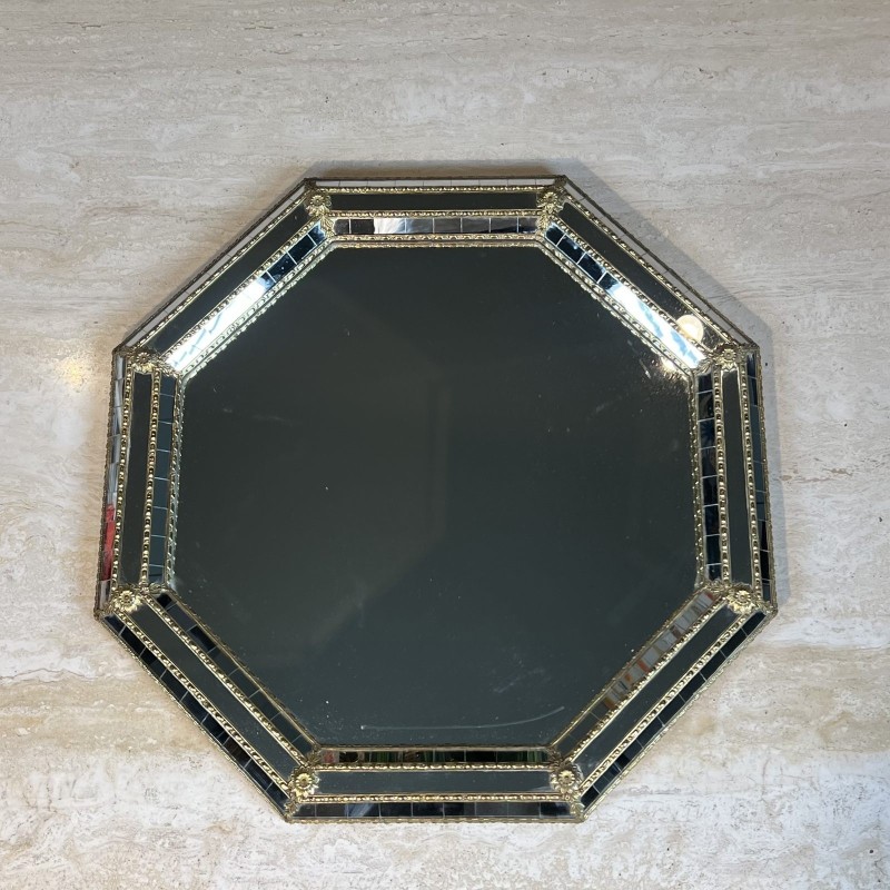 Octagonal Multi-Faceted Wall Mirror with Black Glass and Brass Garlands with Rosettes, Neoclassical, French Work, circa 1970