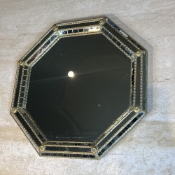 Octagonal Multi-Faceted Wall Mirror with Black Glass and Brass Garlands with Rosettes, Neoclassical, French Work, circa 1970