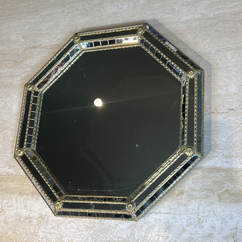 Octagonal Multi-Faceted Wall Mirror with Black Glass and Brass Garlands with Rosettes, Neoclassical, French Work, circa 1970