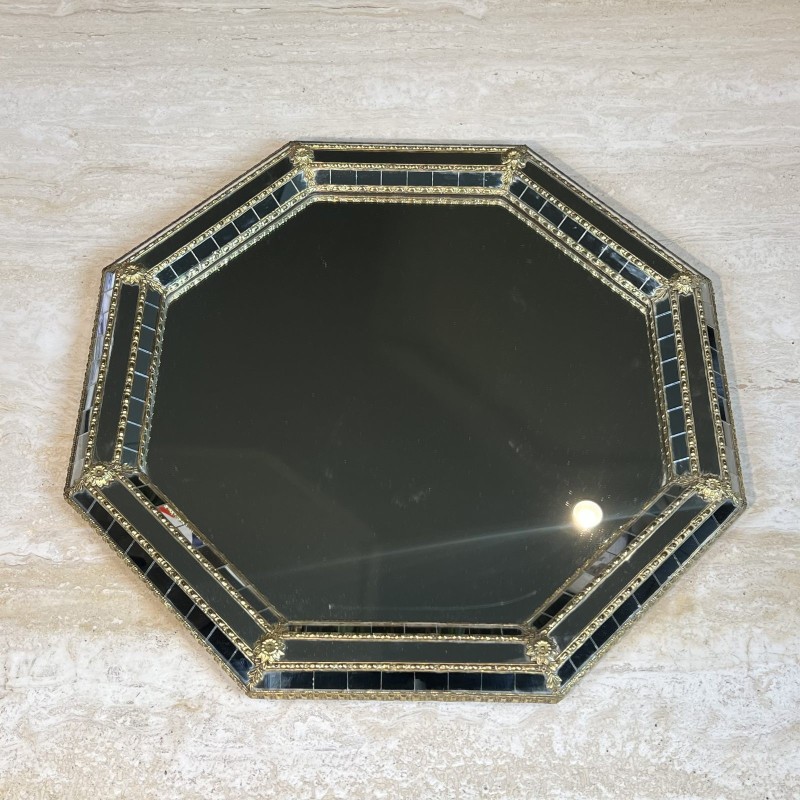 Octagonal Multi-Faceted Wall Mirror with Black Glass and Brass Garlands with Rosettes, Neoclassical, French Work, circa 1970