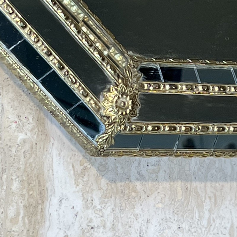 Octagonal Multi-Faceted Wall Mirror with Black Glass and Brass Garlands with Rosettes, Neoclassical, French Work, circa 1970