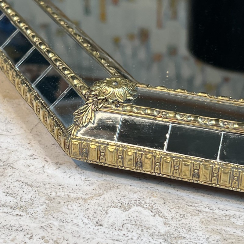 Octagonal Multi-Faceted Wall Mirror with Black Glass and Brass Garlands with Rosettes, Neoclassical, French Work, circa 1970