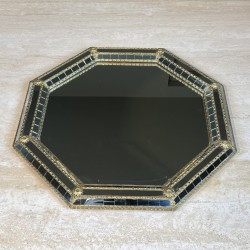 Octagonal Multi-Faceted Wall Mirror with Black Glass and Brass Garlands with Rosettes, Neoclassical, French Work, circa 1970
