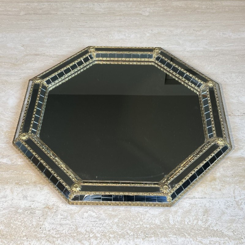 Octagonal Multi-Faceted Wall Mirror with Black Glass and Brass Garlands with Rosettes, Neoclassical, French Work, circa 1970