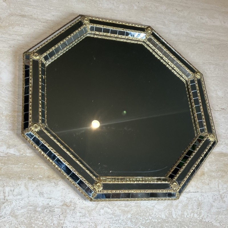 Octagonal Multi-Faceted Wall Mirror with Black Glass and Brass Garlands with Rosettes, Neoclassical, French Work, circa 1970