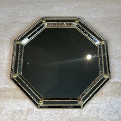 Octagonal Multi-Faceted Wall Mirror with Black Glass and Brass Garlands with Rosettes, Neoclassical, French Work, circa 1970