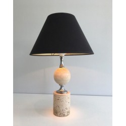 Travertine and Chrome Table Lamp, Philippe Barbie, French Work, circa 1970
