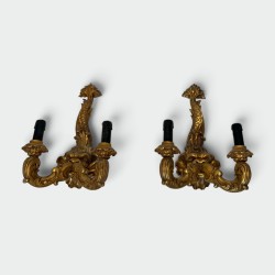 Pair of Sconces in Carved and Giltwood with a Mascaron and Acanthus Decoration, Two Lights, Régence, French Work, circa 1900