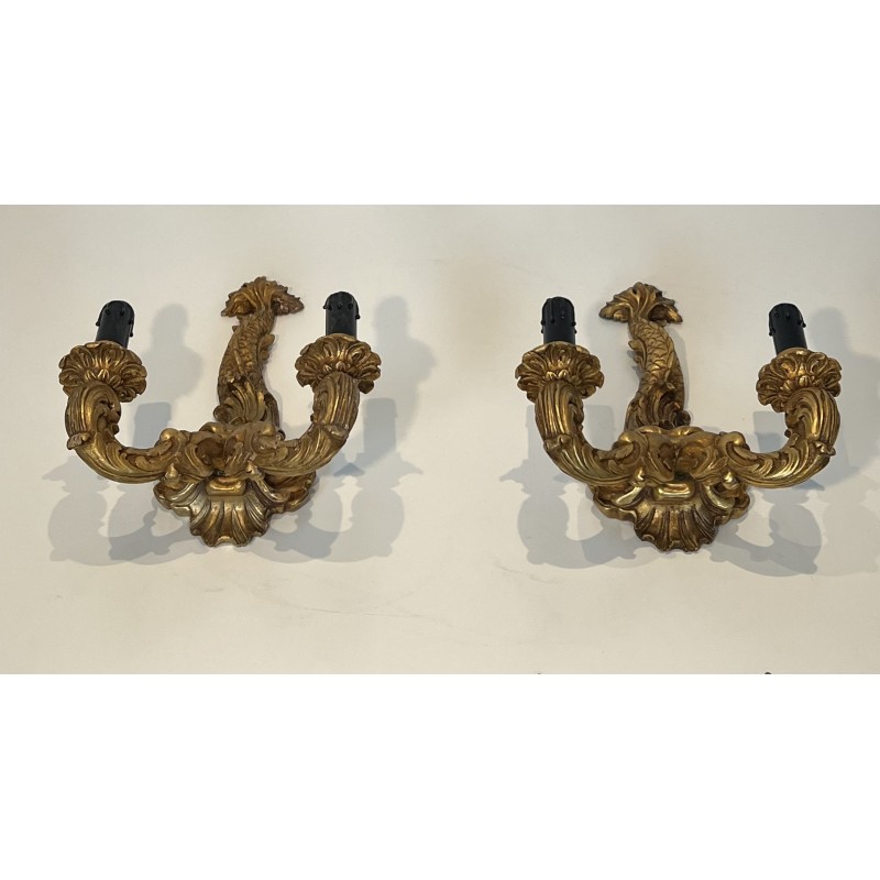 Pair of Sconces in Carved and Giltwood with a Mascaron and Acanthus Decoration, Two Lights, Régence, French Work, circa 1900