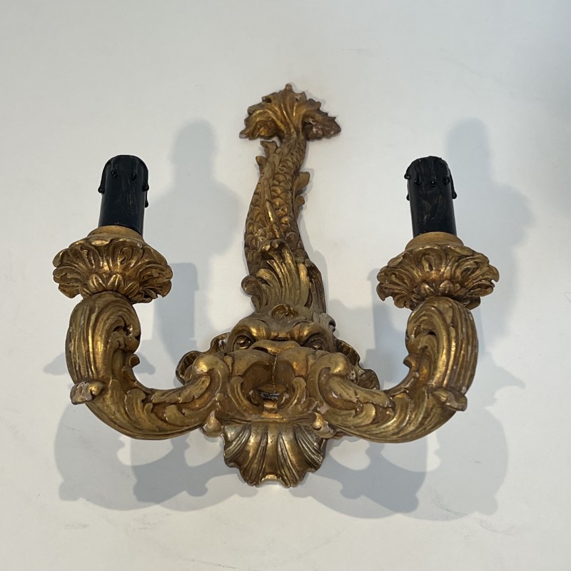 Pair of Sconces in Carved and Giltwood with a Mascaron and Acanthus Decoration, Two Lights, Régence, French Work, circa 1900
