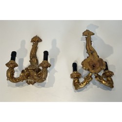 Pair of Sconces in Carved and Giltwood with a Mascaron and Acanthus Decoration, Two Lights, Régence, French Work, circa 1900