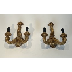 Pair of Sconces in Carved and Giltwood with a Mascaron and Acanthus Decoration, Two Lights, Régence, French Work, circa 1900