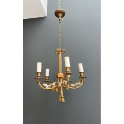 Chandelier in Gilt Bronze with a Ribbon Bow and Porcelain Flowers, Louis XVI, French Work, circa 1920