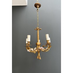 Chandelier in Gilt Bronze with a Ribbon Bow and Porcelain Flowers, Louis XVI, French Work, circa 1920