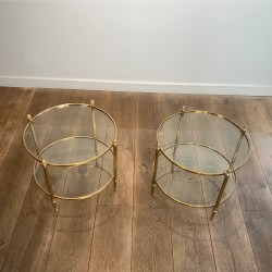 Pair of Round Brass Side Tables with Two Glass Tiers and Pinecone, Neoclassical, French Work, by Maison Jansen, circa 1950