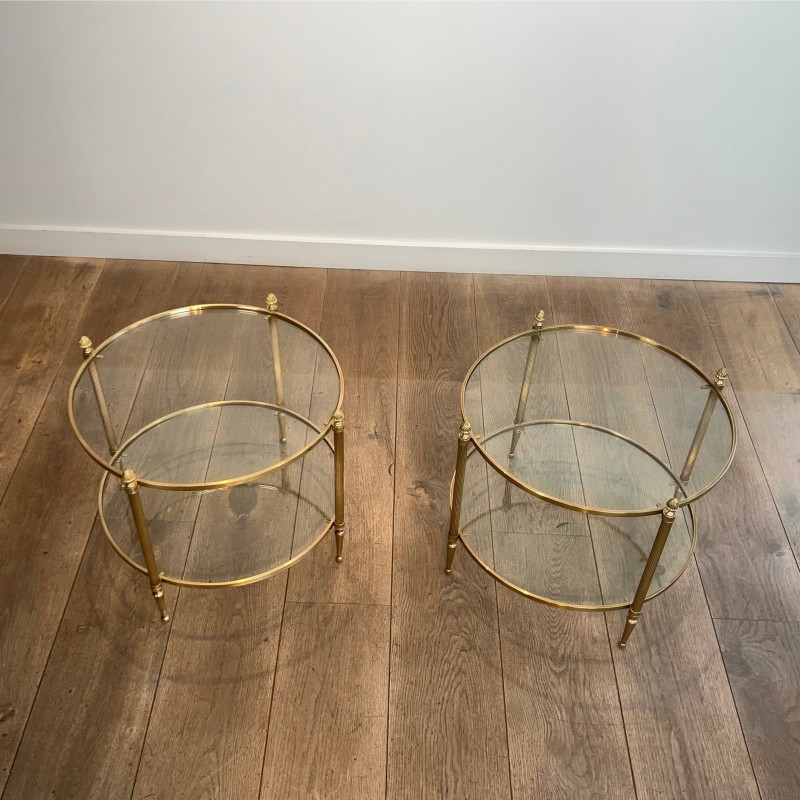 Pair of Round Brass Side Tables with Two Glass Tiers and Pinecone, Neoclassical, French Work, by Maison Jansen, circa 1950