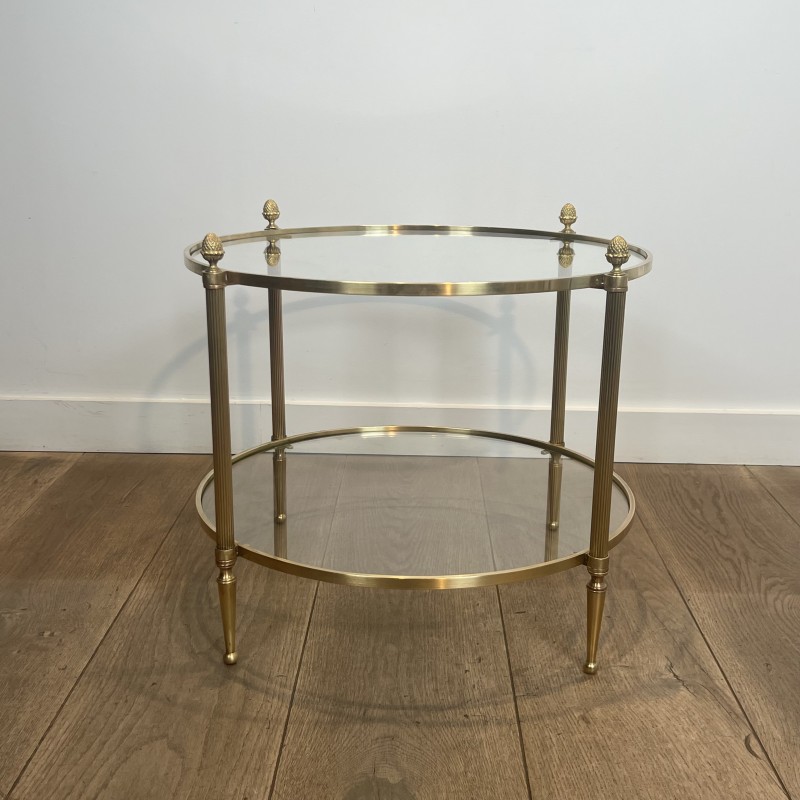 Pair of Round Brass Side Tables with Two Glass Tiers and Pinecone, Neoclassical, French Work, by Maison Jansen, circa 1950