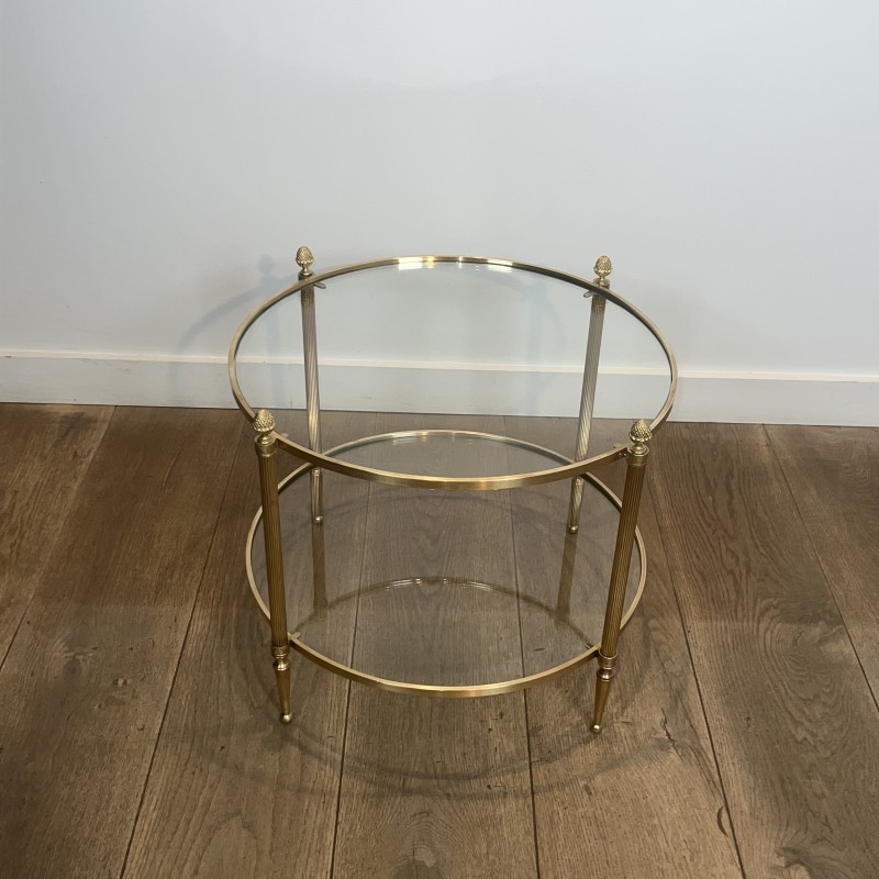 Pair of Round Brass Side Tables with Two Glass Tiers and Pinecone, Neoclassical, French Work, by Maison Jansen, circa 1950