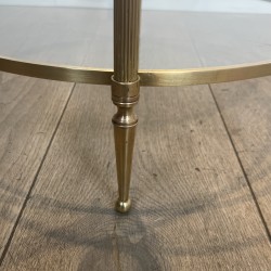 Pair of Round Brass Side Tables with Two Glass Tiers and Pinecone, Neoclassical, French Work, by Maison Jansen, circa 1950