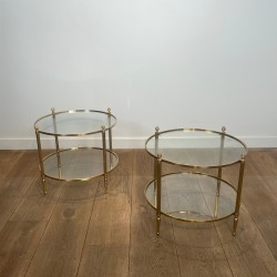 Pair of Round Brass Side Tables with Two Glass Tiers and Pinecone, Neoclassical, French Work, by Maison Jansen, circa 1950