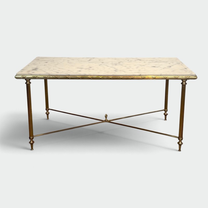 Rectangular Brass Coffee Table with White Marble Top, Neoclassical, French Work, by Maison Jansen, circa 1950