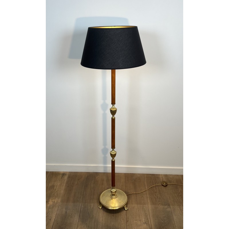 Floor Lamp in Amber Bakelite and Gilt Brass, Circular Base with Claw Feet, Neoclassical, French Work, circa 1940