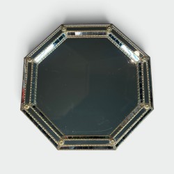 Octagonal Multi-Faceted Wall Mirror with Black Glass and Brass Garlands with Rosettes, Neoclassical, French Work, circa 1970