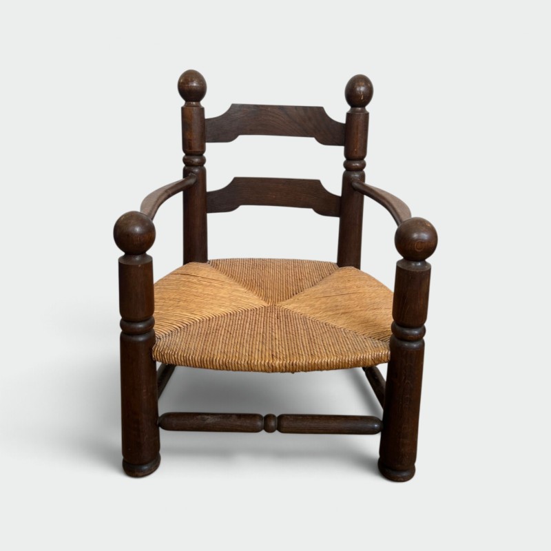 Stained Oak Armchair with Rush Seat and Turned Balls, Rustic Modern, French Work, Attributed to Charles Dudouyt, circa 1940