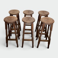 Set of Six Oak Bar Stools with String-Turned Uprights, Neoclassical, French Work, Attributed to Charles Dudouyt, circa 1950